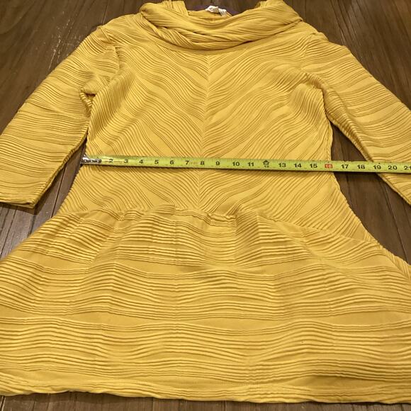 Vintage Lisa Rene cowl neck 3/4 sleeve yellow swirl pattern tunic mini dress L - Picture 7 of 10